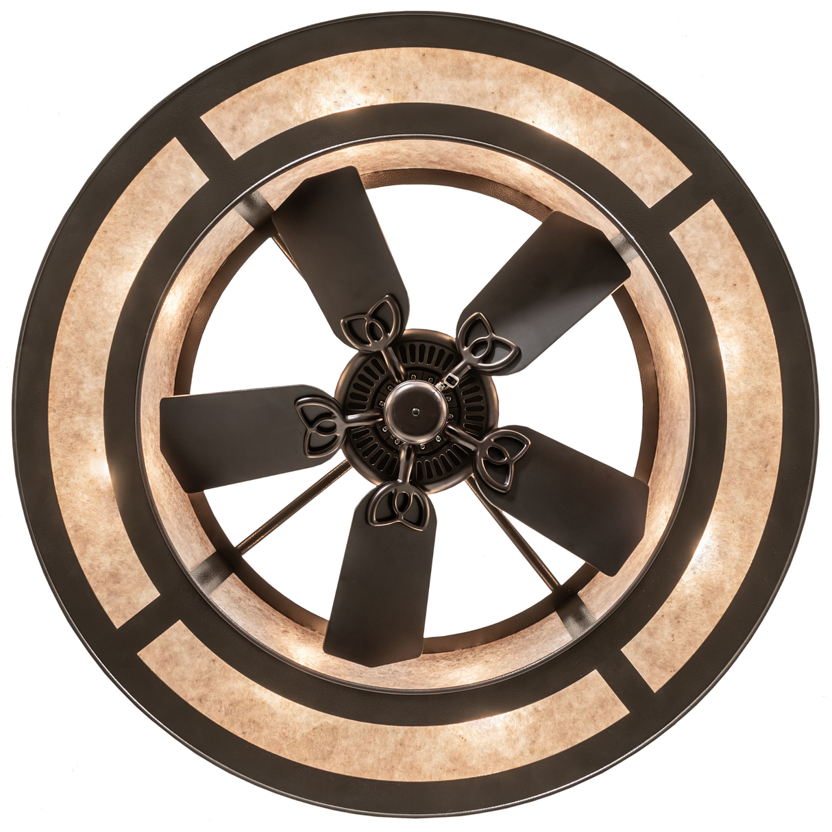 Straight bottom lit view of the Chandel-Air with centered fan and circular light band.
