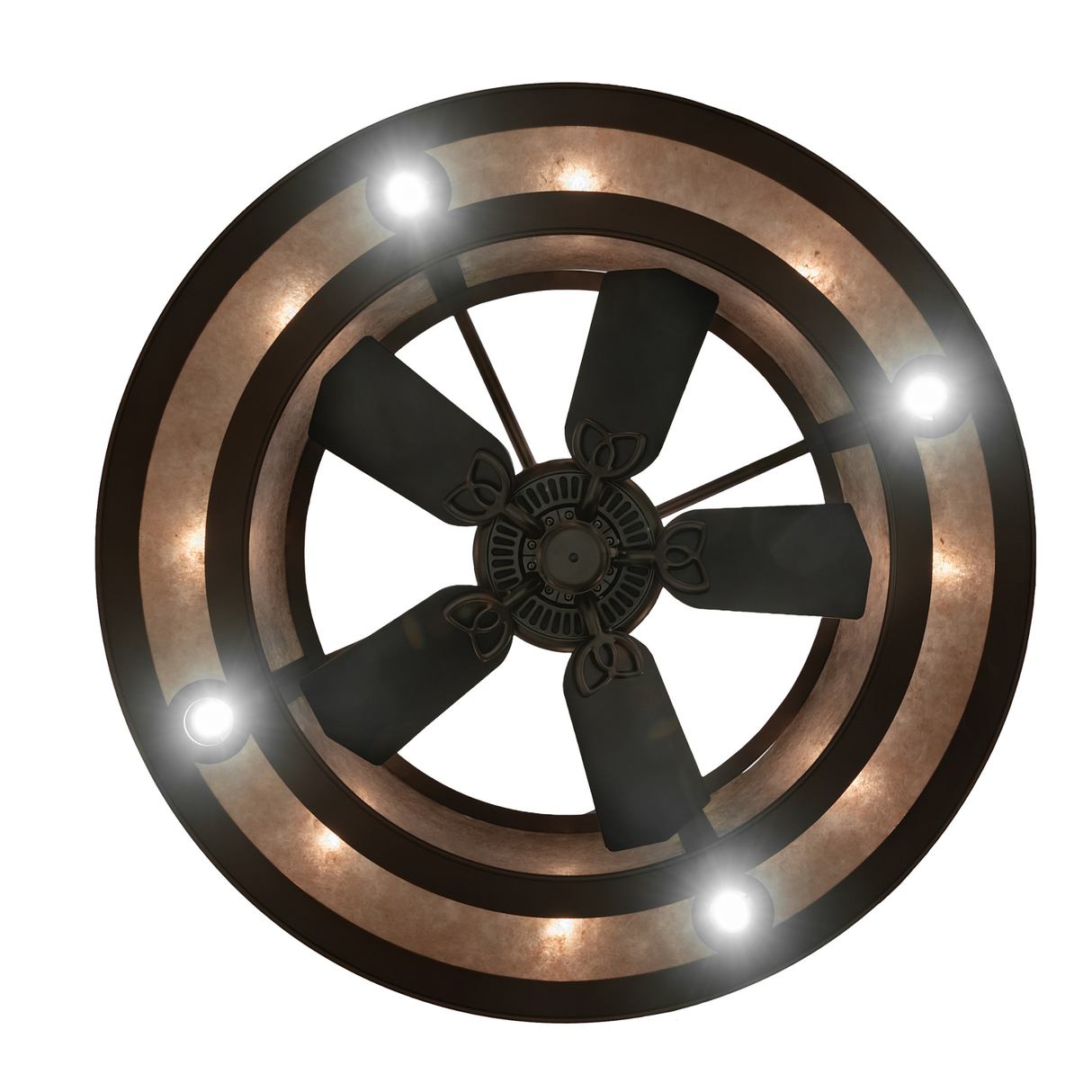 Bottom view of Smythe Craftsman chandelier fan showing five-blade fan and light ring.