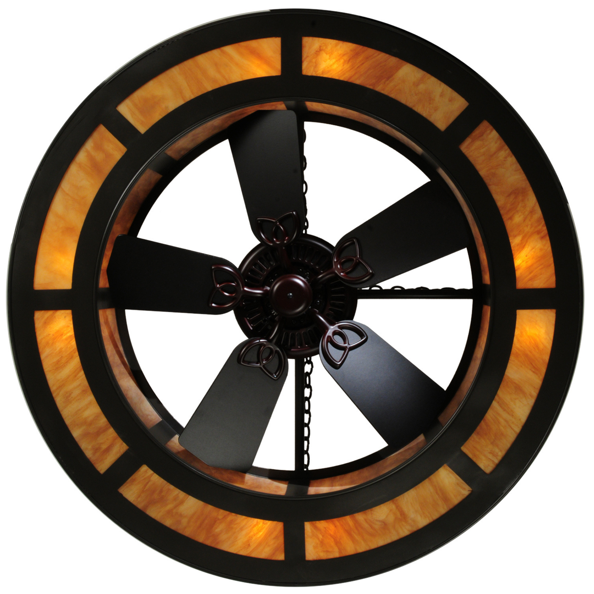 Bottom view of illuminated Smythe Craftsman Chandel-Air with fan blades visible.