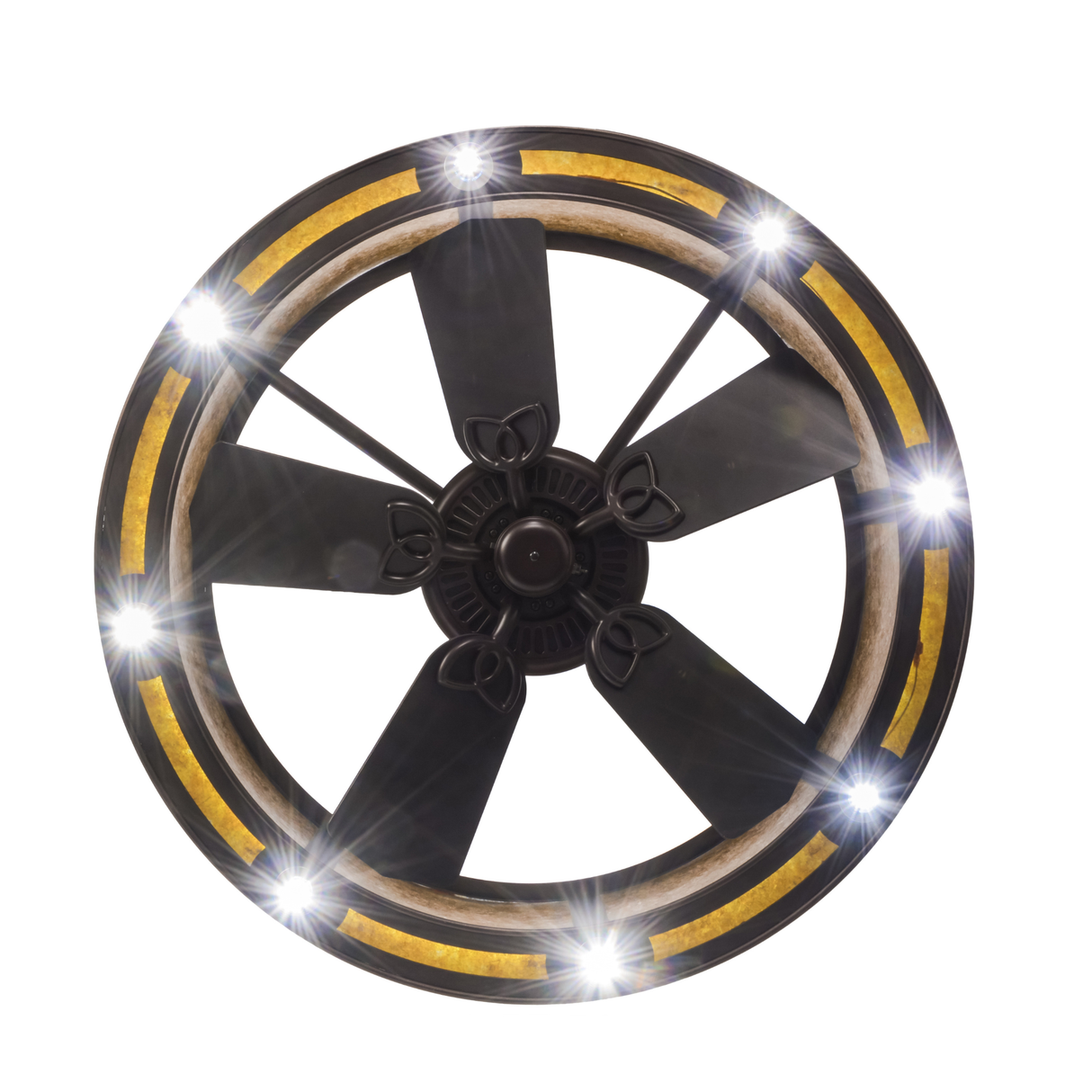 Bottom lit view showing fan blades and circular LED lighting.