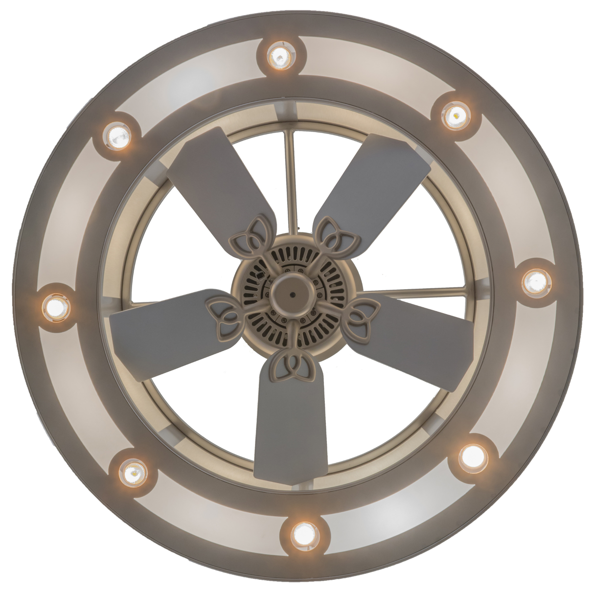 Bottom view showing fan blades and circular light layout.