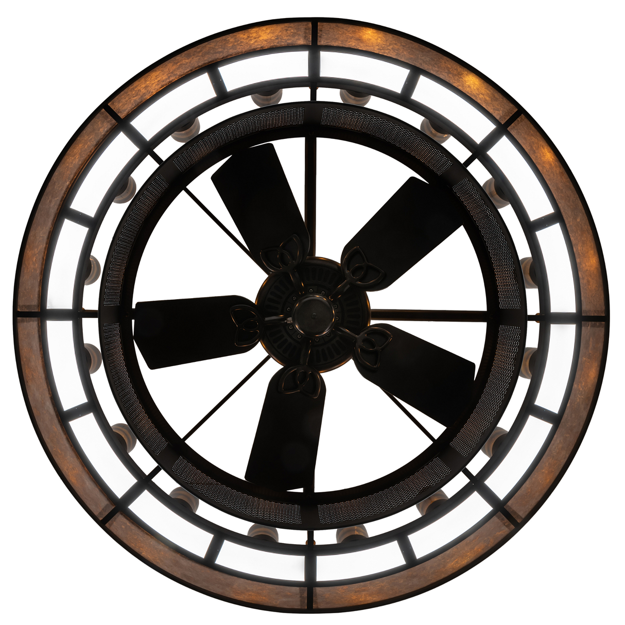 Bottom lit view showing fan integration and circular amber lighting design.