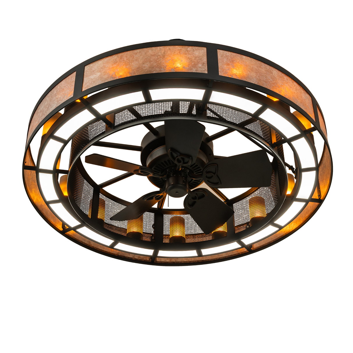 Bottom view of lit Smythe Craftsman Chandel-Air displaying fan blades and LED lights.
