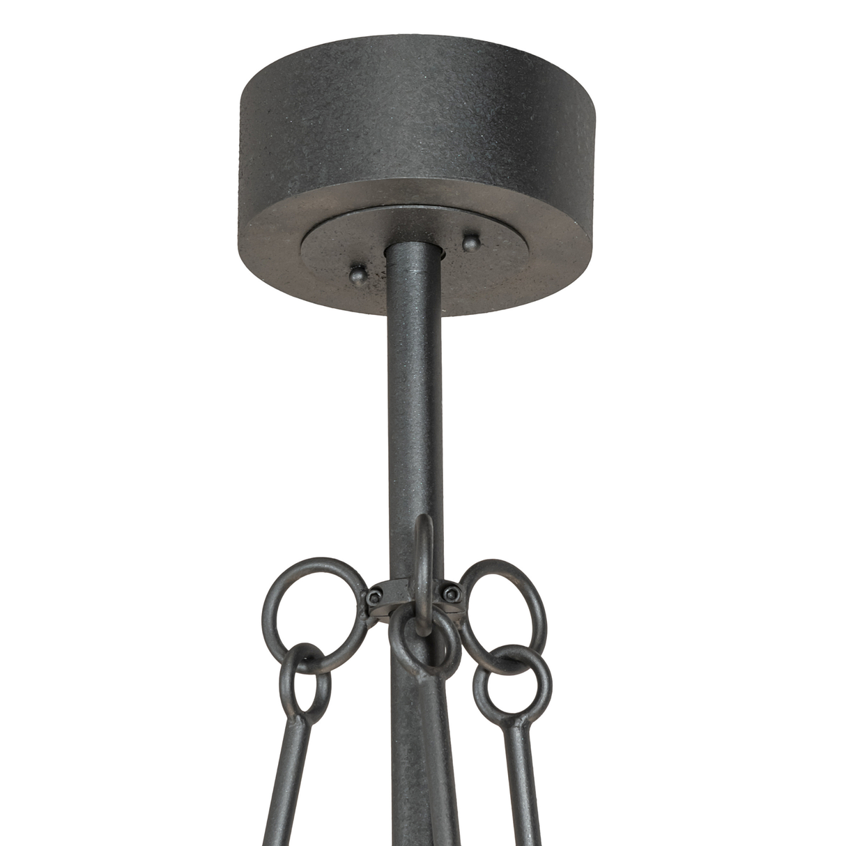 Close-up of ceiling canopy and hanging rod in natural iron finish.