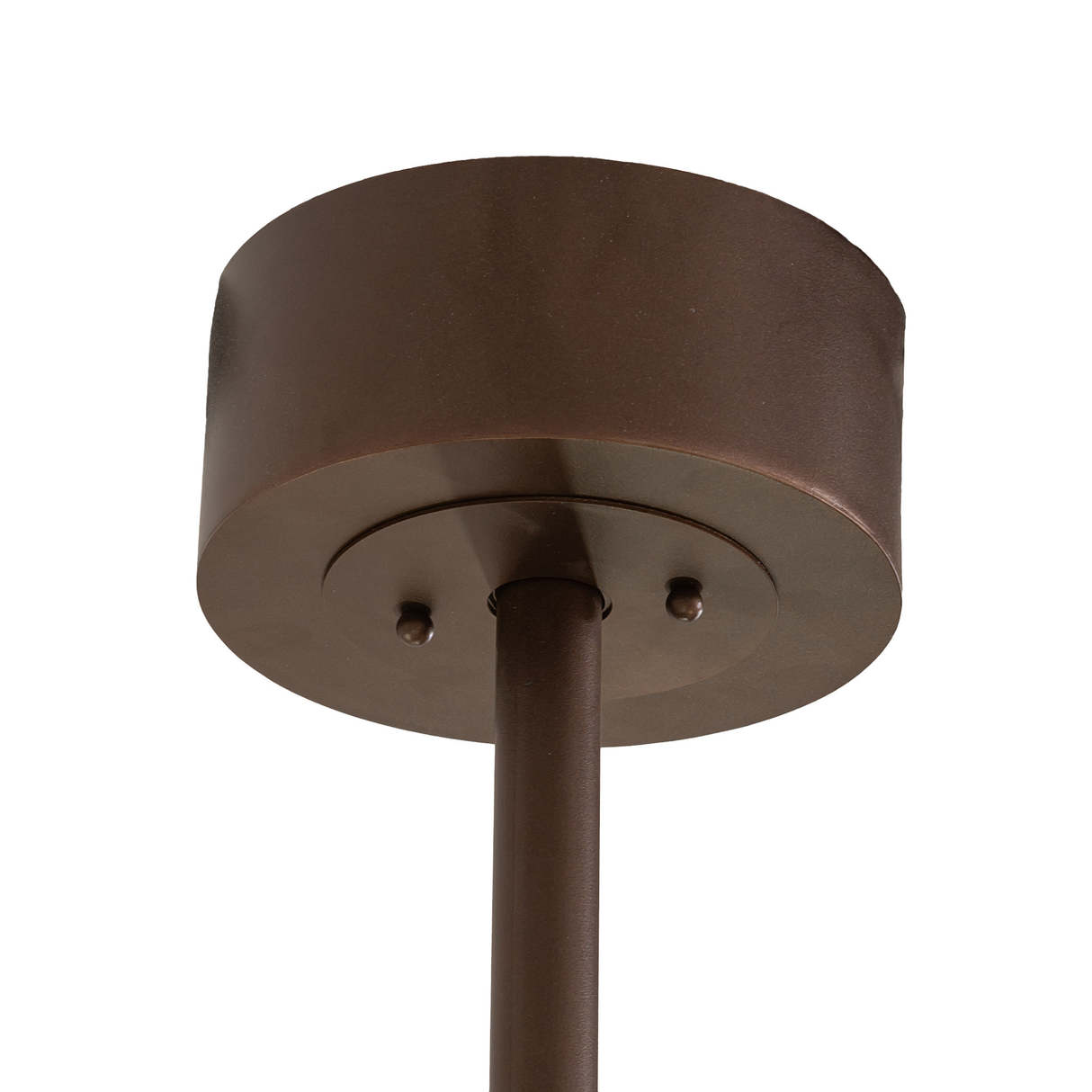 Ceiling canopy and downrod detail of Smythe Craftsman chandelier fan in bronze finish.