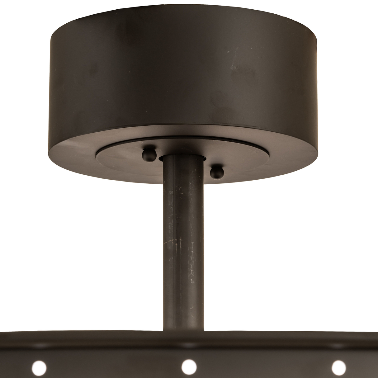 Ceiling canopy and downrod detail of Smythe Craftsman chandelier fan.