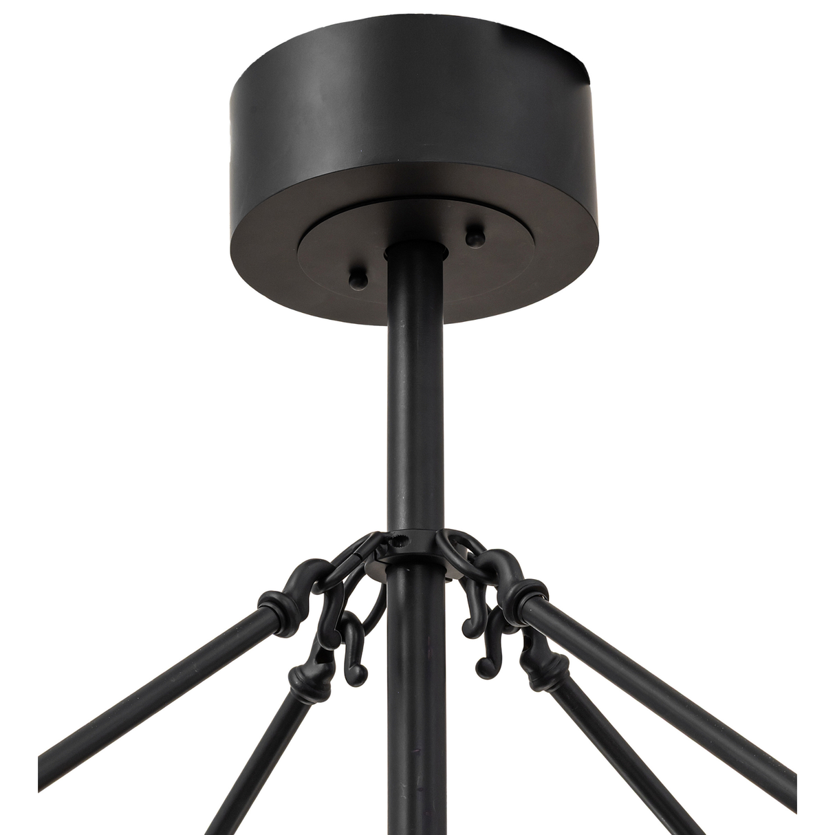Ceiling canopy and support rod detail of Smythe Craftsman Chandel-Air chandelier fan.
