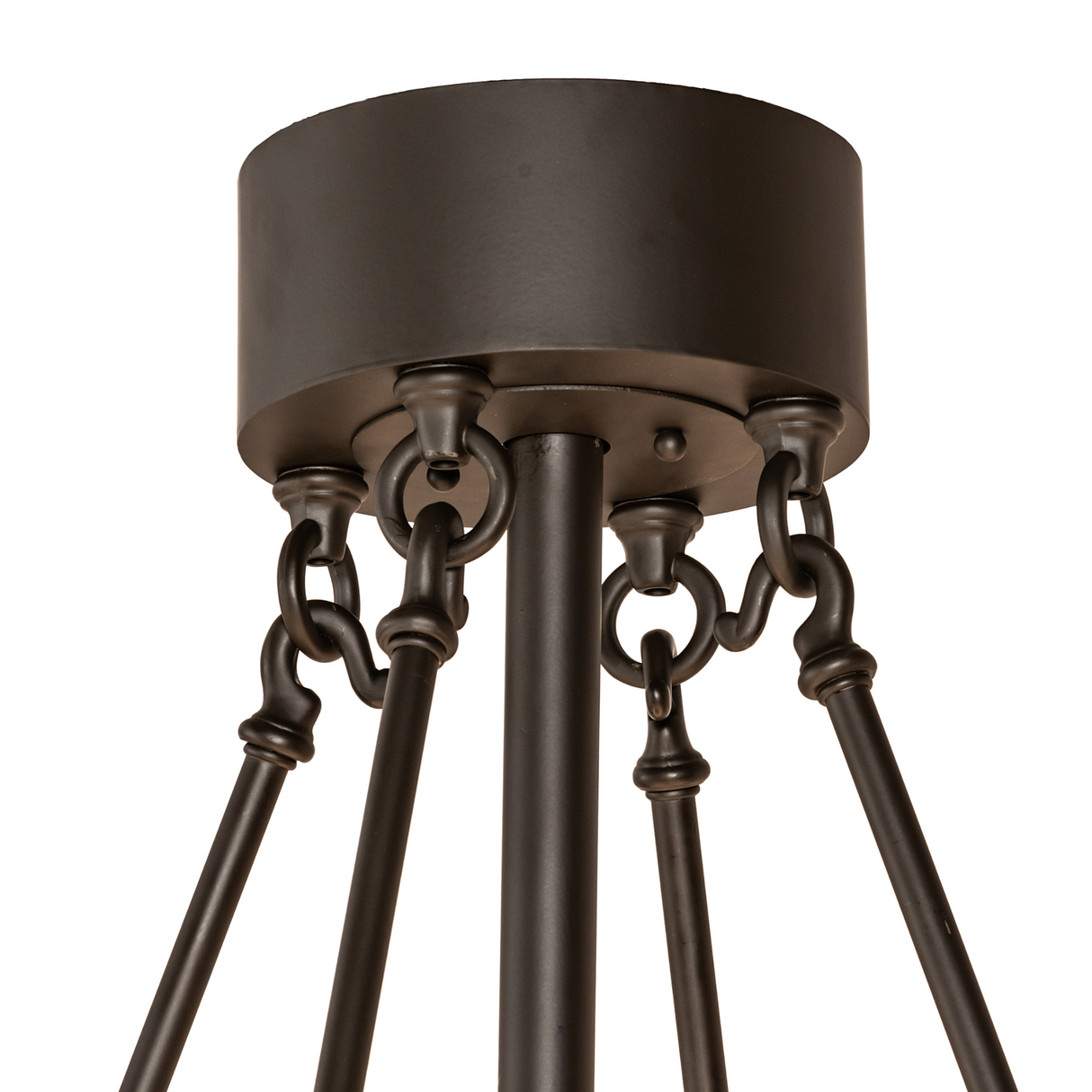 Close-up of ceiling canopy and rod connectors in Oil Rubbed Bronze finish.