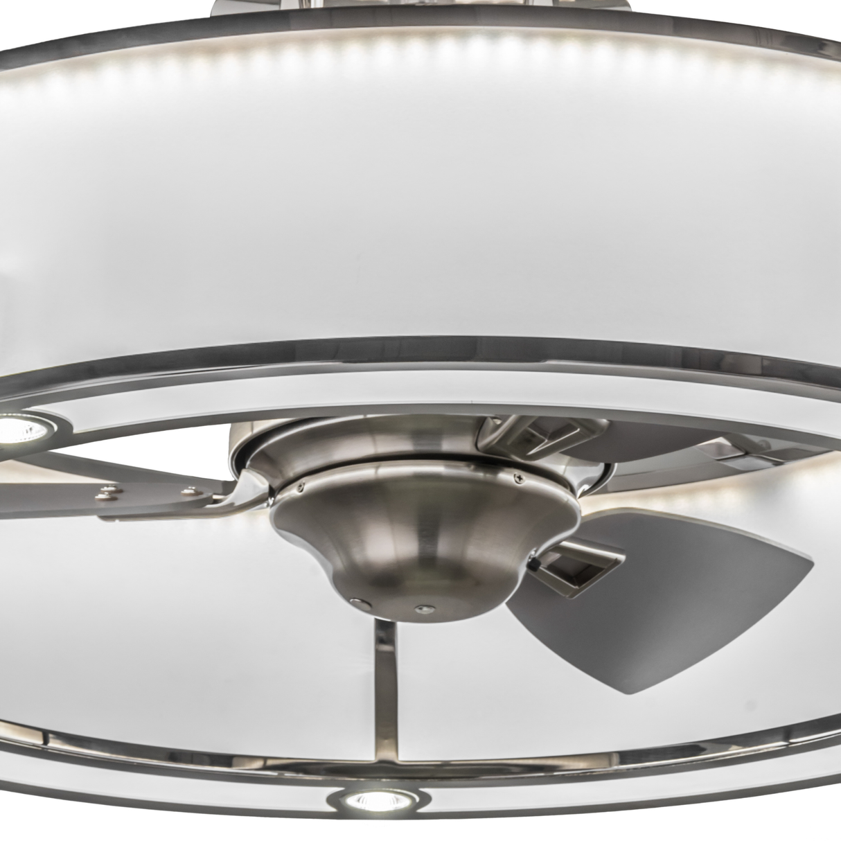 Closeup lit view showing polished fan hub and LED light ring.