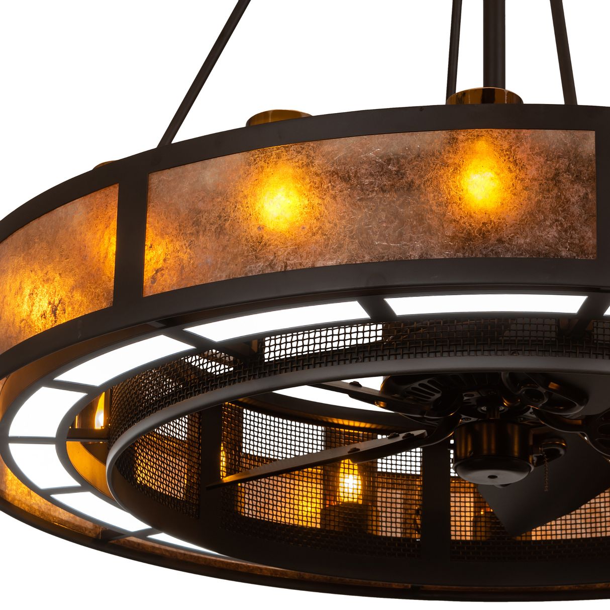 Close-up of amber mica diffuser with soft glowing texture and bronze frame.