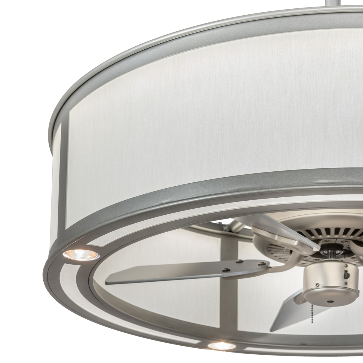 Close-up showing fan motor and elegant metallic ring design.