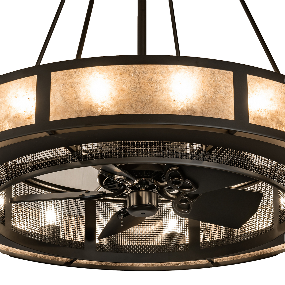 Close-up of fan and illuminated mica diffuser with mesh detailing.