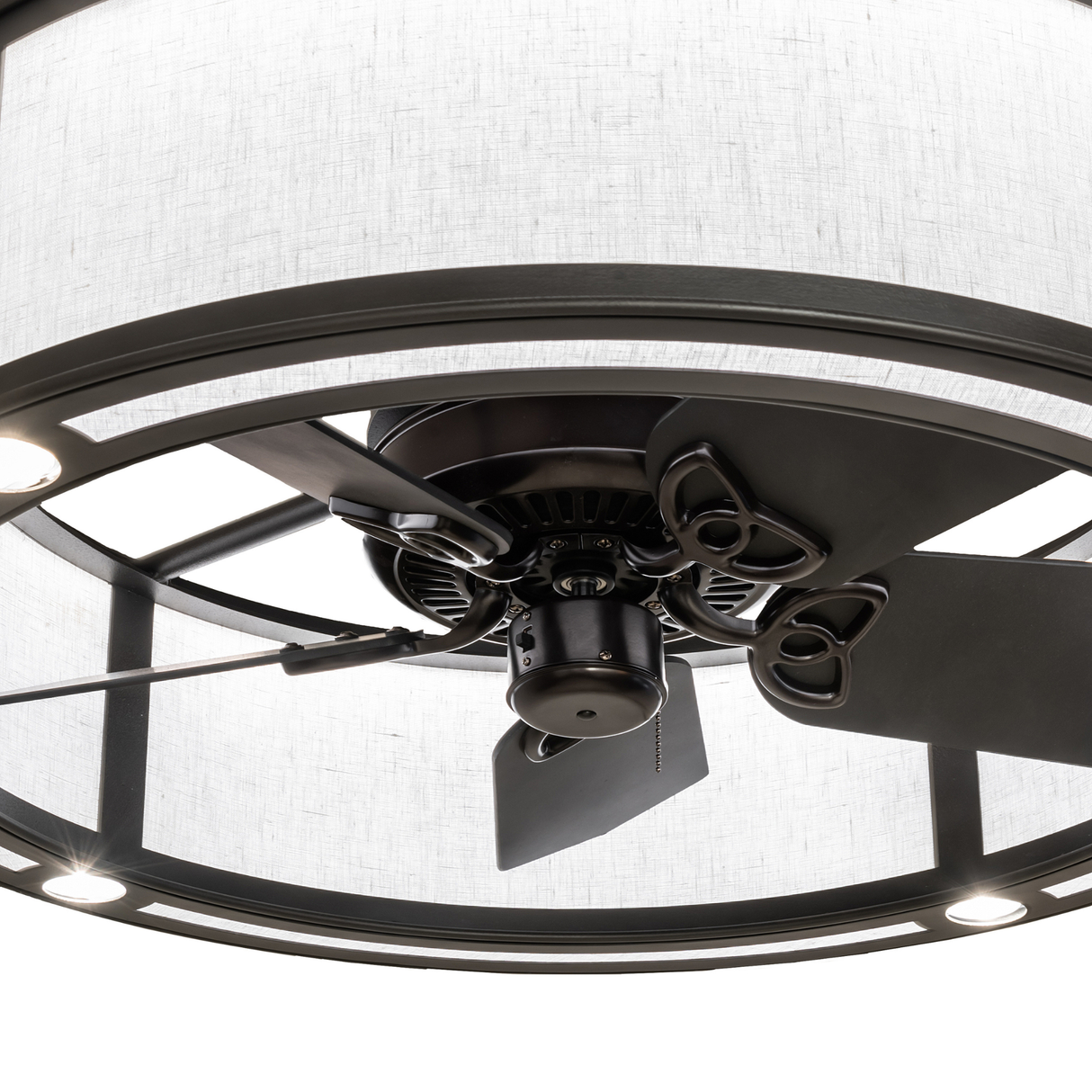 Close-up of Smythe Craftsman Chandel-Air fan blades and light ring.