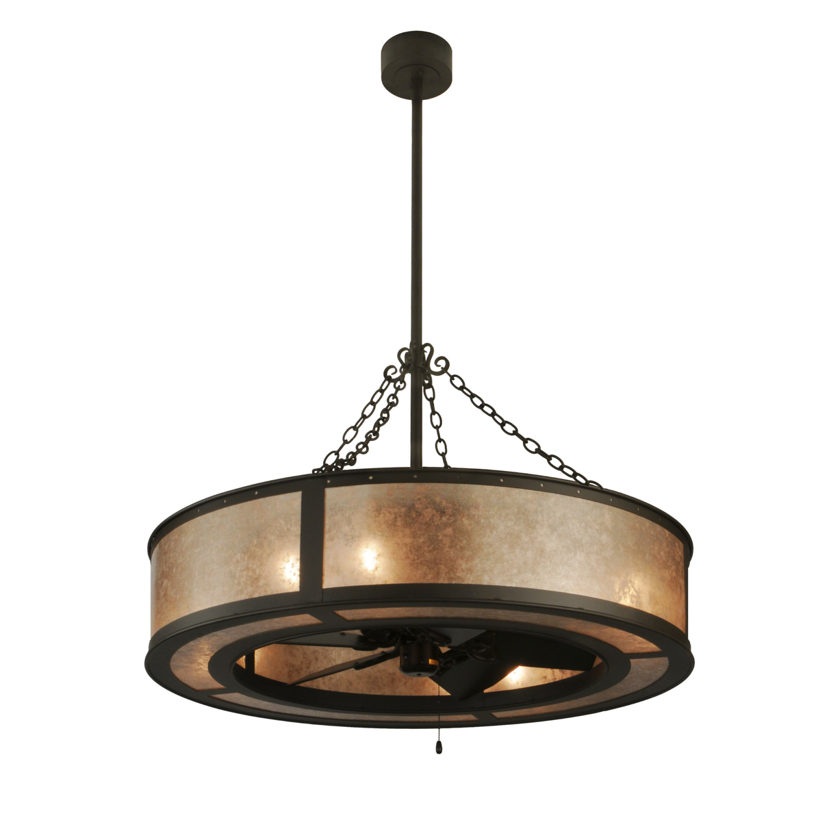 Front angle lit view showing Silver Mica shade and bronze frame.