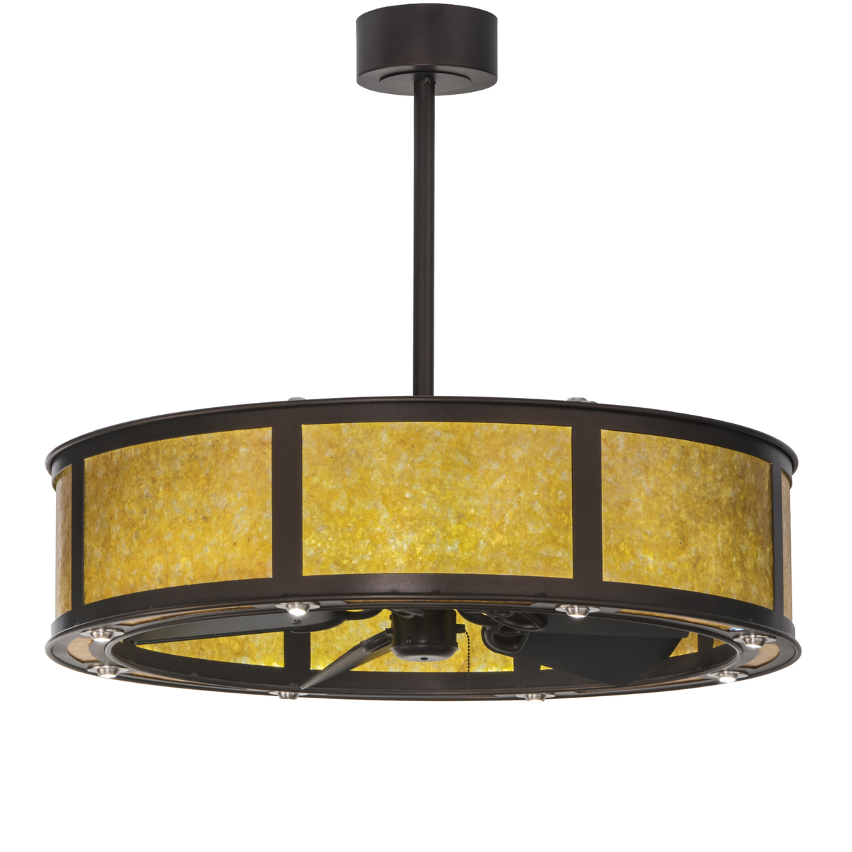 Front angle lit view showing Amber Mica diffuser and Craftsman design.