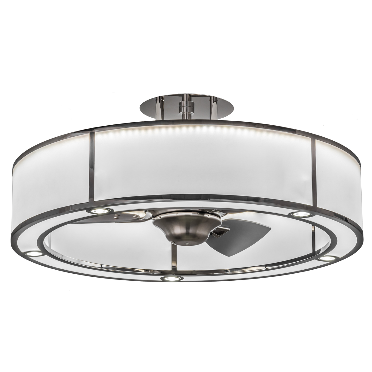 Front angled lit view showing frosted diffuser and modern fan blades.