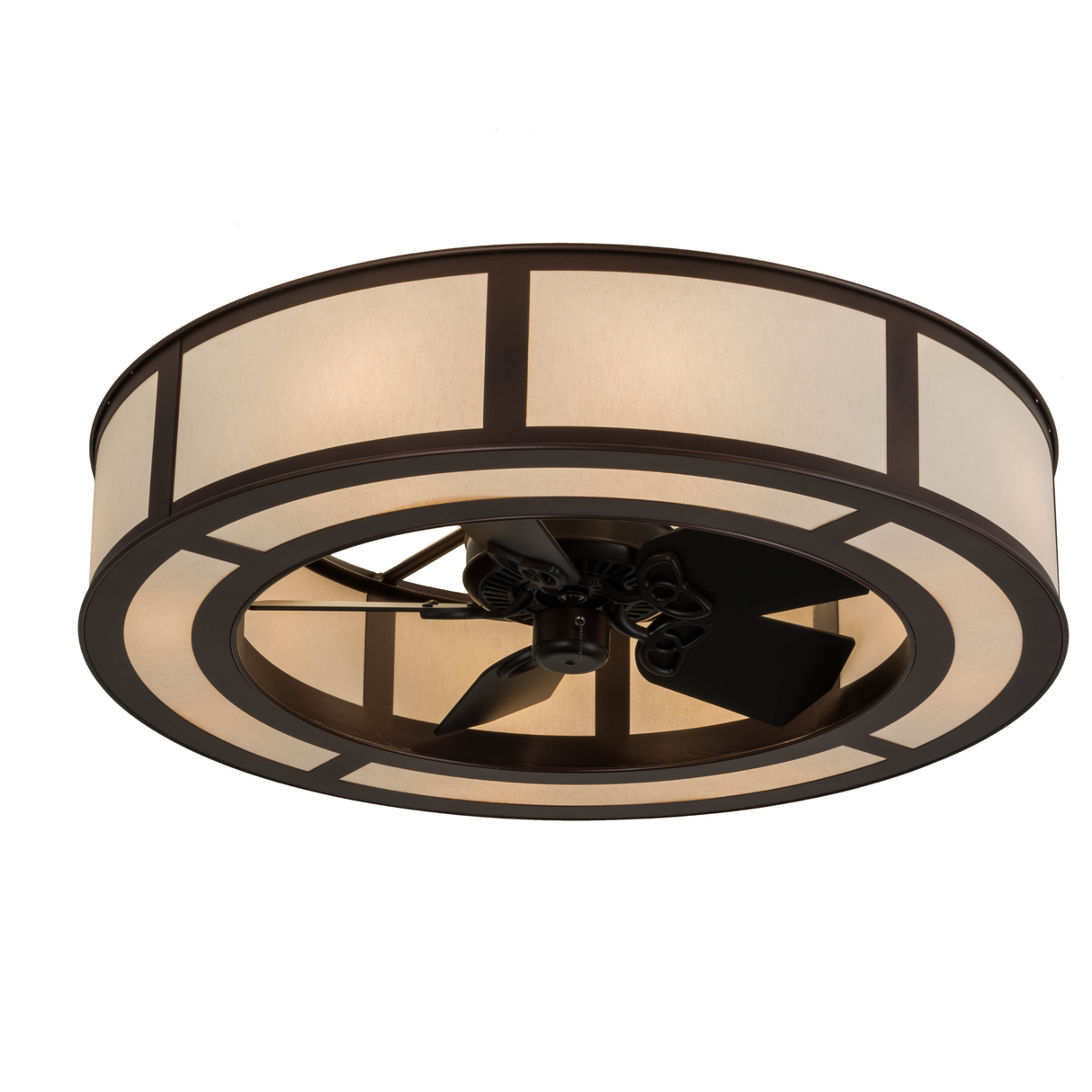 Front angled lit view showing glowing textrene shade and bronze finish.