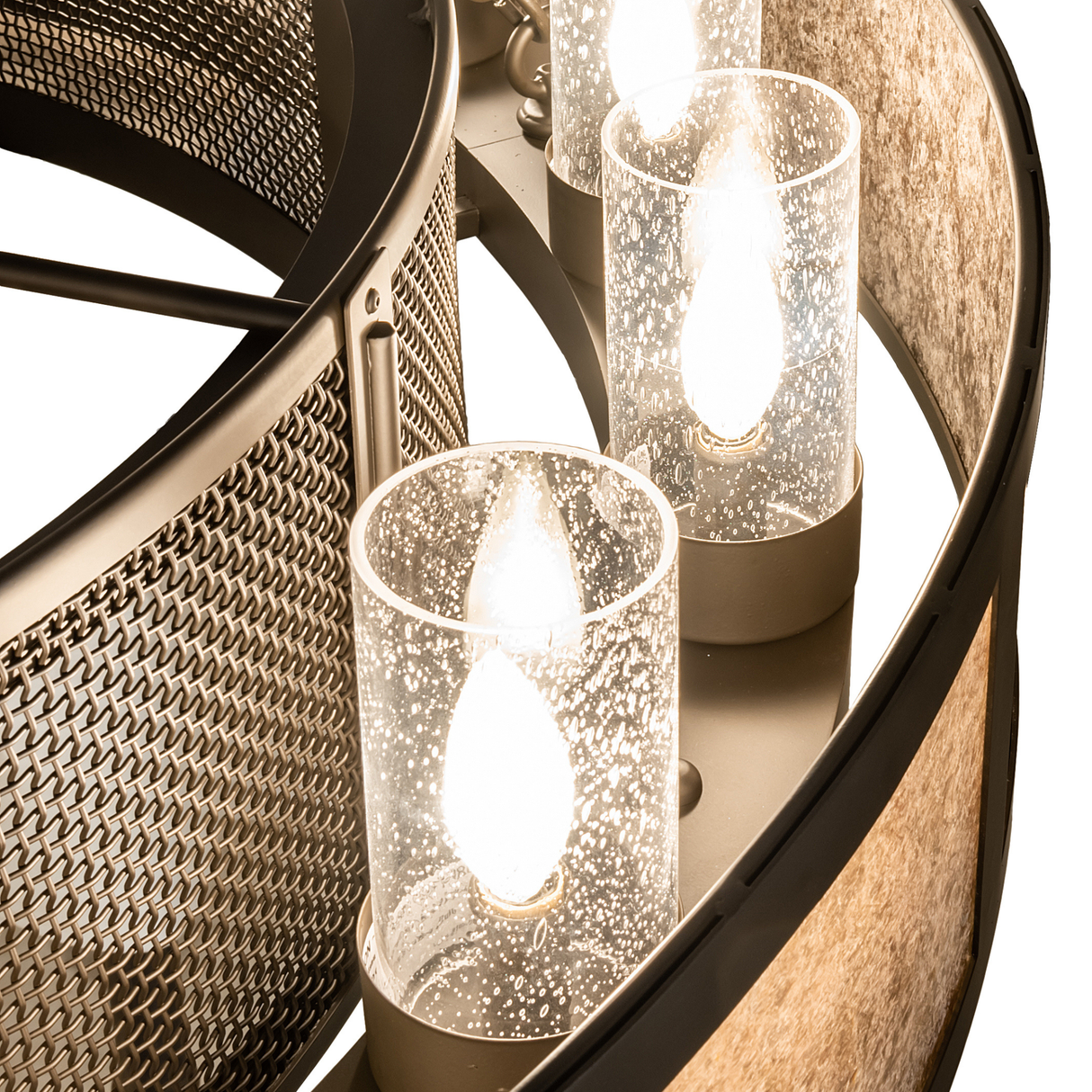 Detailed view of clear seeded glass cylinders with warm LED glow.
