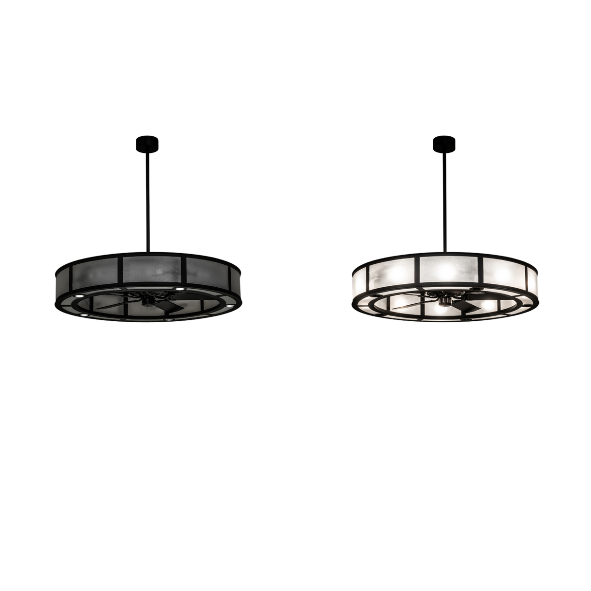 Side-by-side comparison of Smythe Craftsman Chandel-Air lit and unlit views.