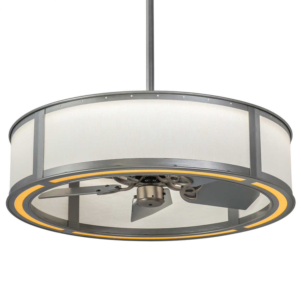 Angled lit view of Smythe Craftsman Chandel-Air with Beige Linen shade and Nickel finish.