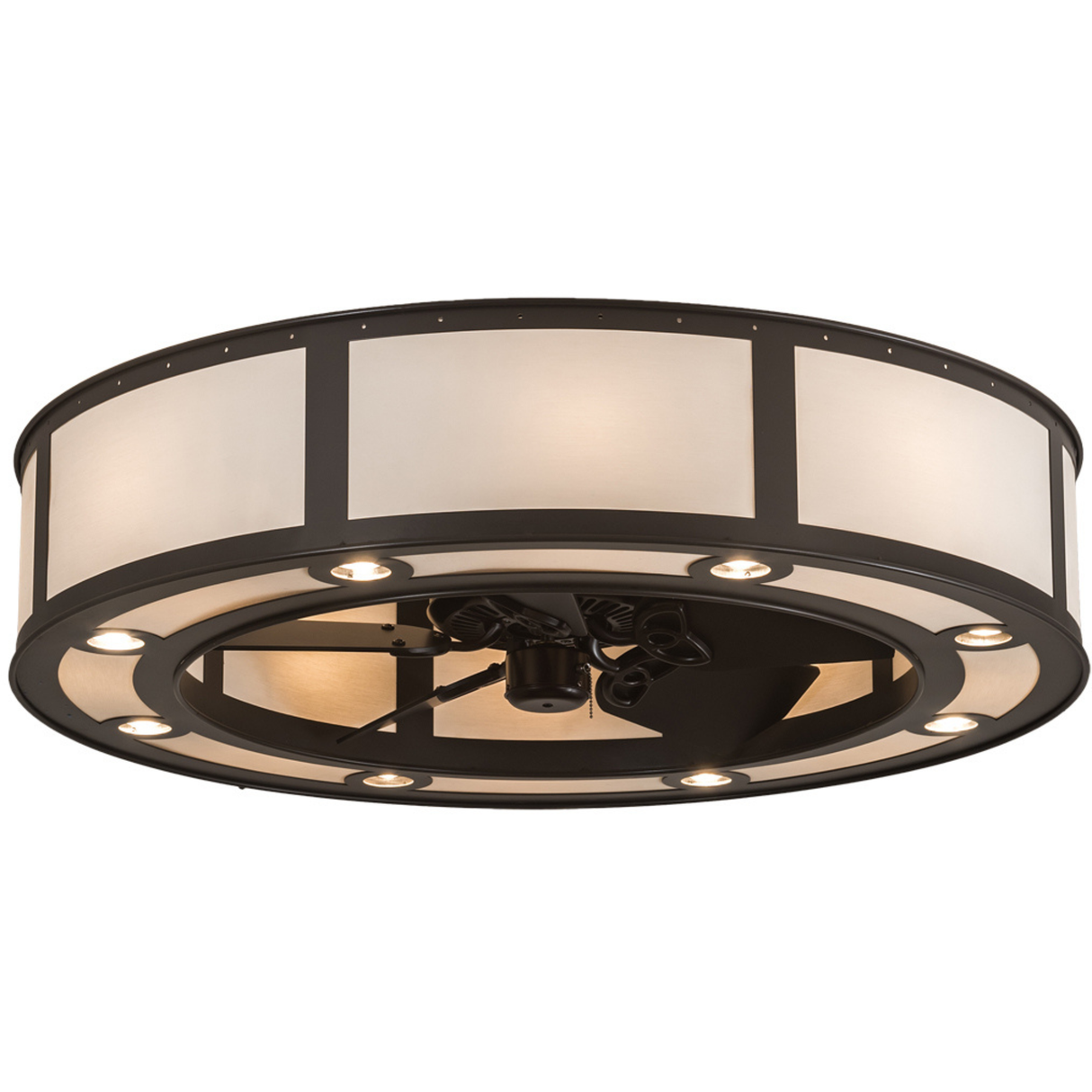 Smythe Craftsman Chandel-Air illuminated angle view showing warm glow..
