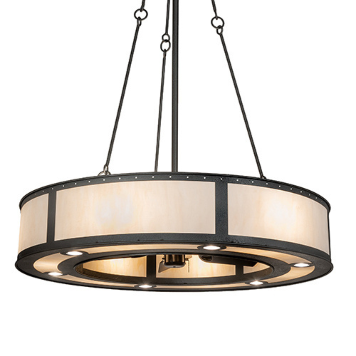 Lit angled view showing soft illumination through linen Idalight shade.