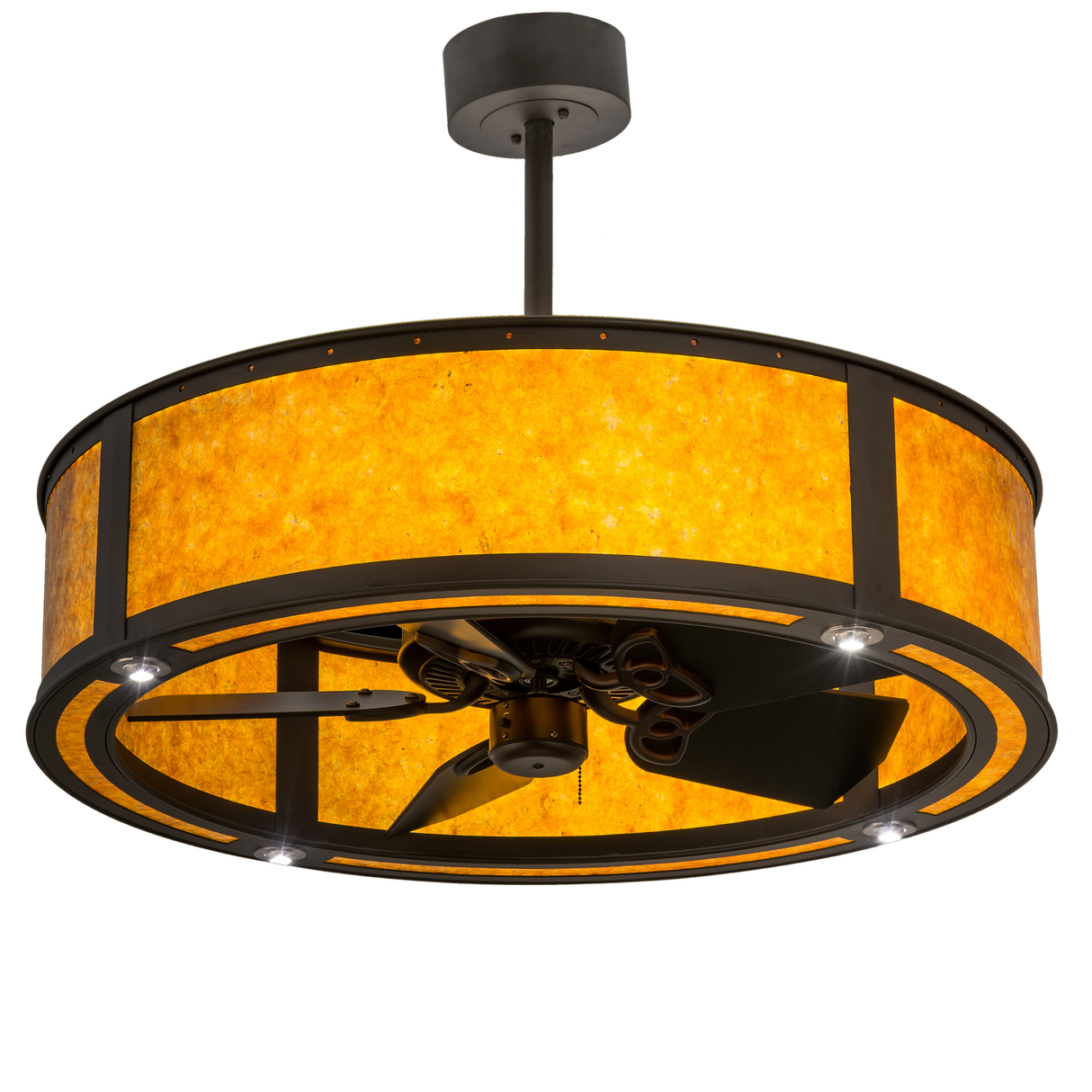 Bottom angle showing fan and downlights illuminated.
