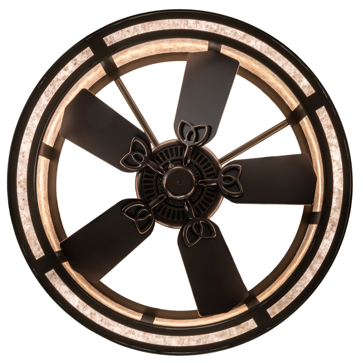 Close-up highlighting mica panel texture and inner fan housing.