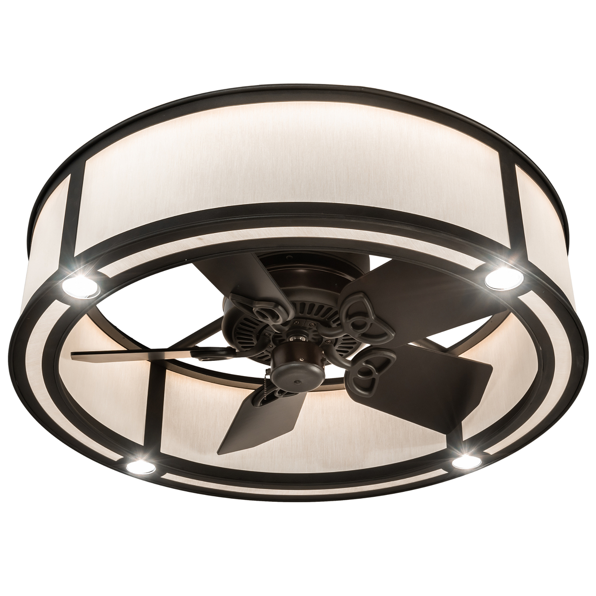 Bottom lit view showing integrated fan and light distribution.