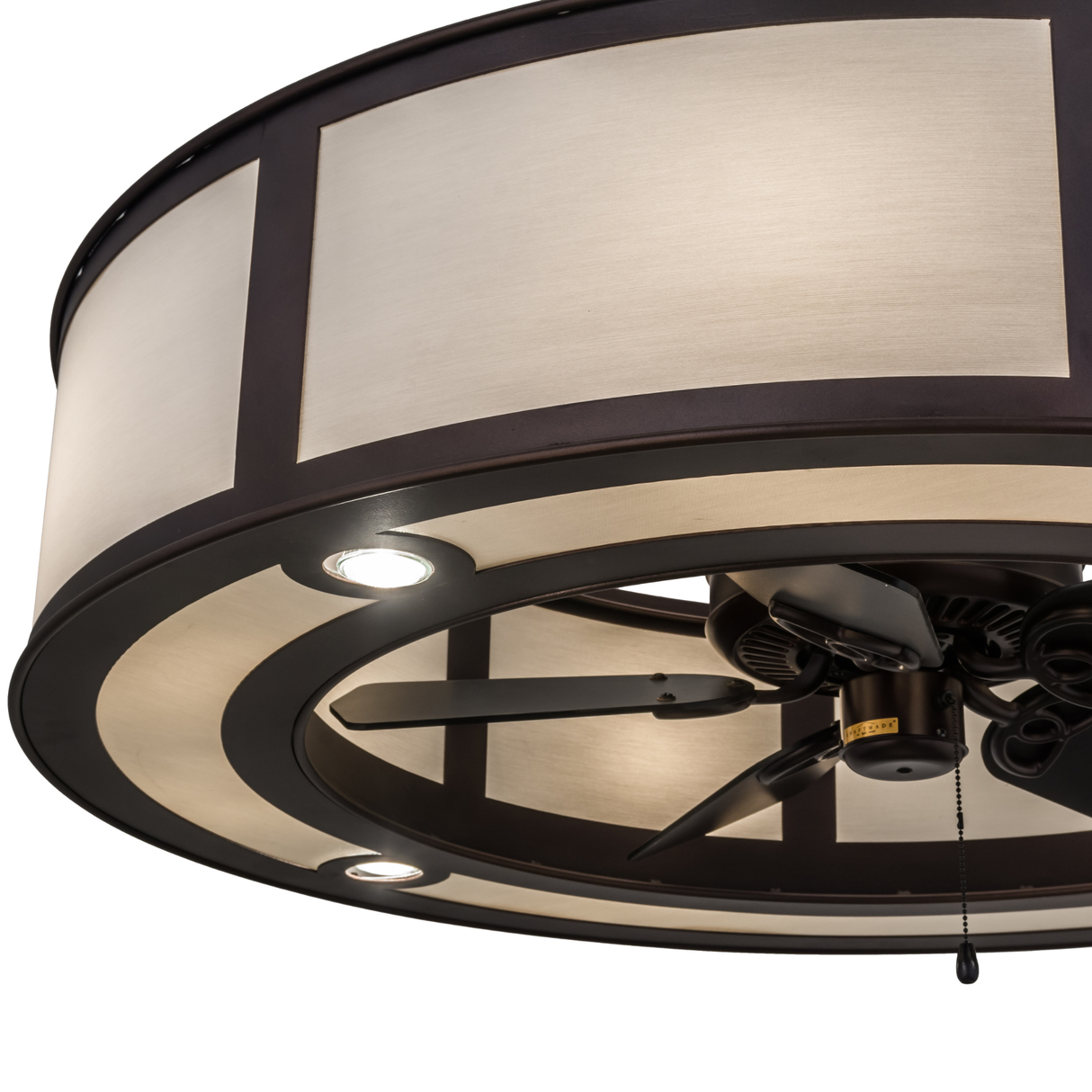 Closeup of fan and inner lights under eggshell Textrene shade.