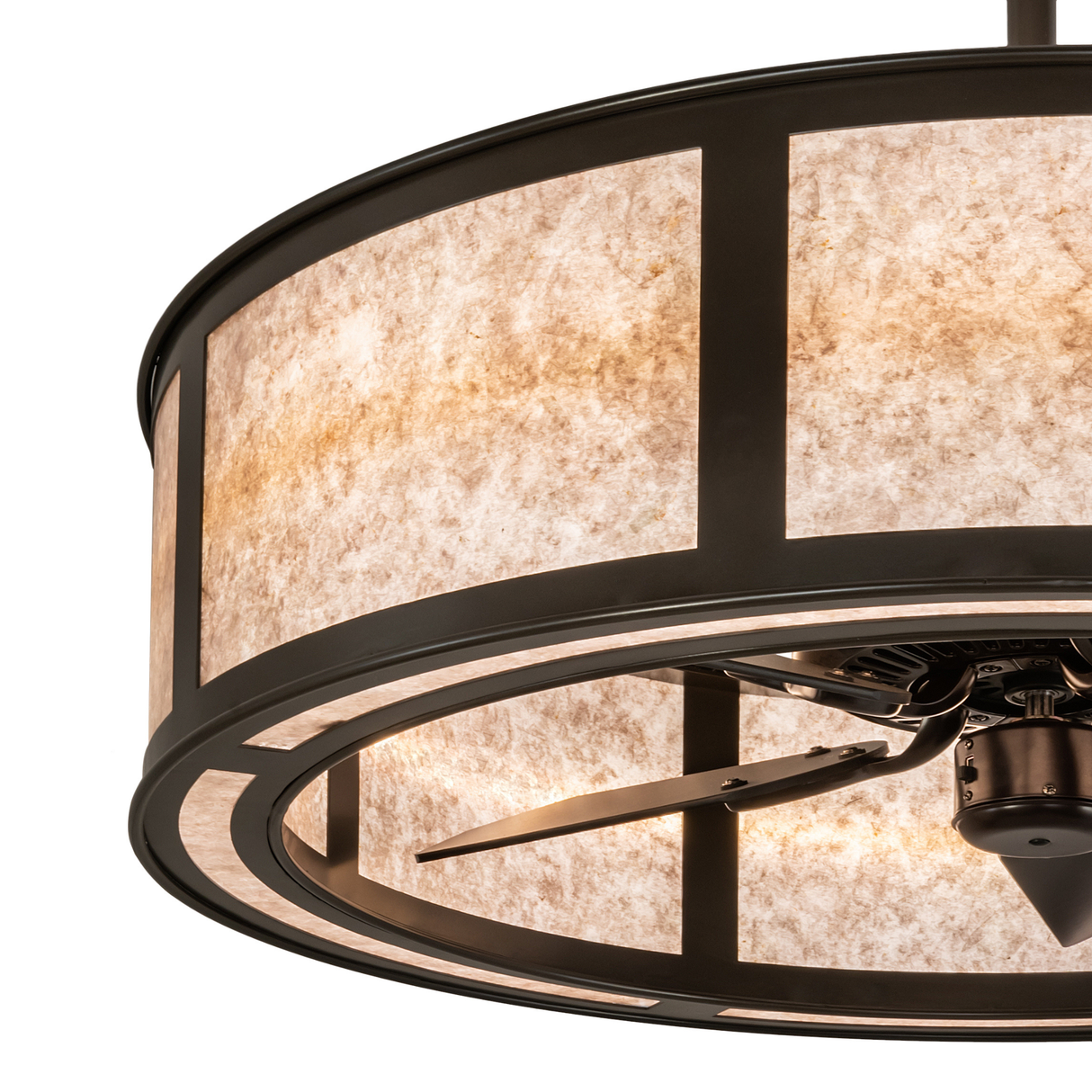 Close-up showing detailed fan blades beneath illuminated frame.