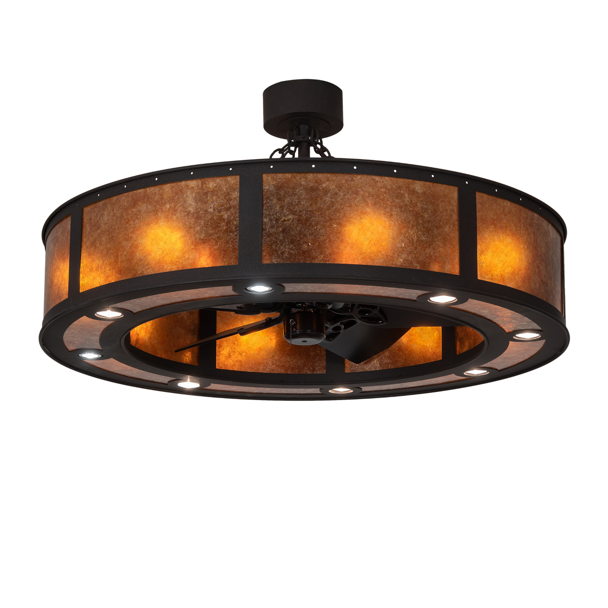 Front angle lit view of Smythe Craftsman Chandel-Air with amber mica panels.
