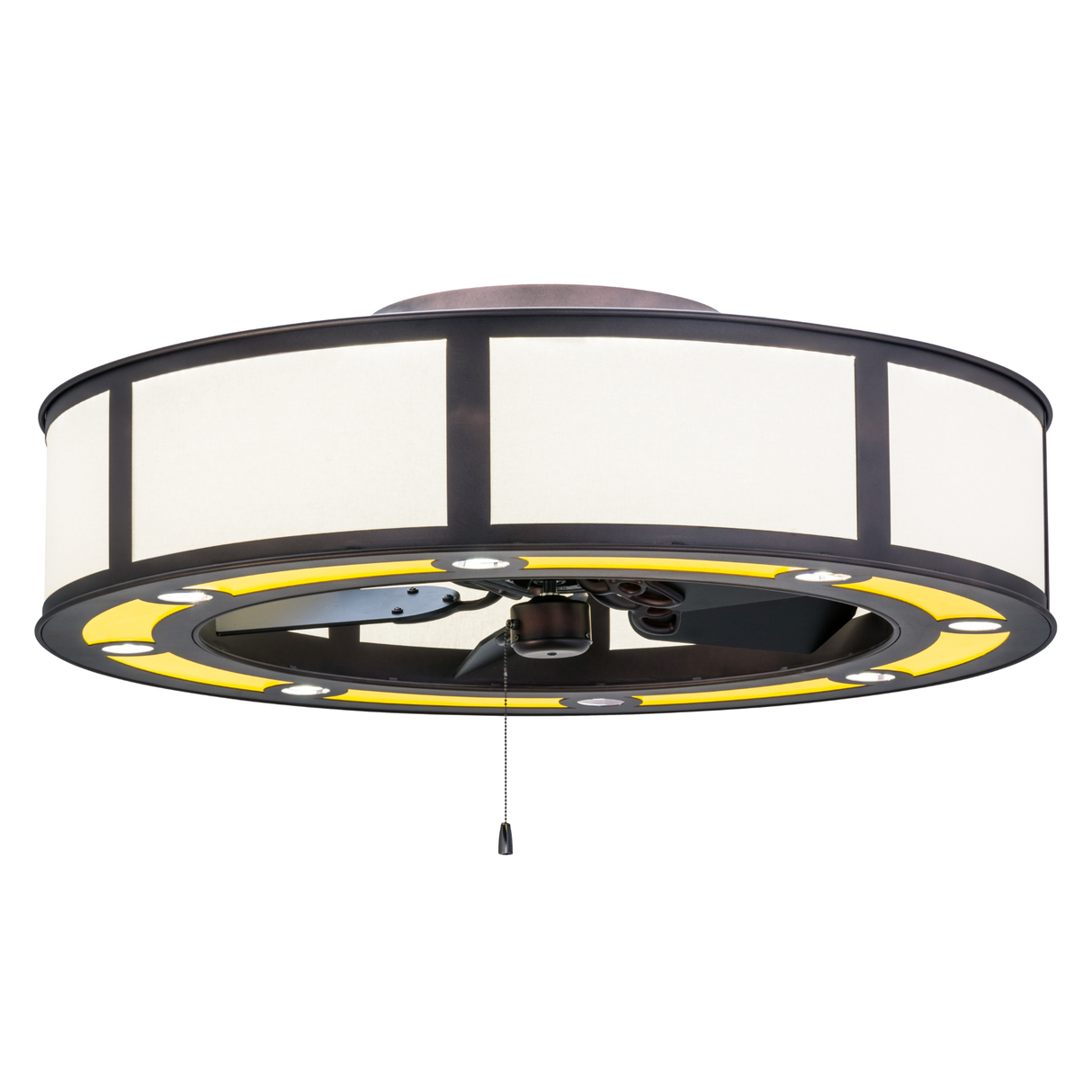 Smythe Craftsman Chandel-Air with warm LED lights glowing softly.