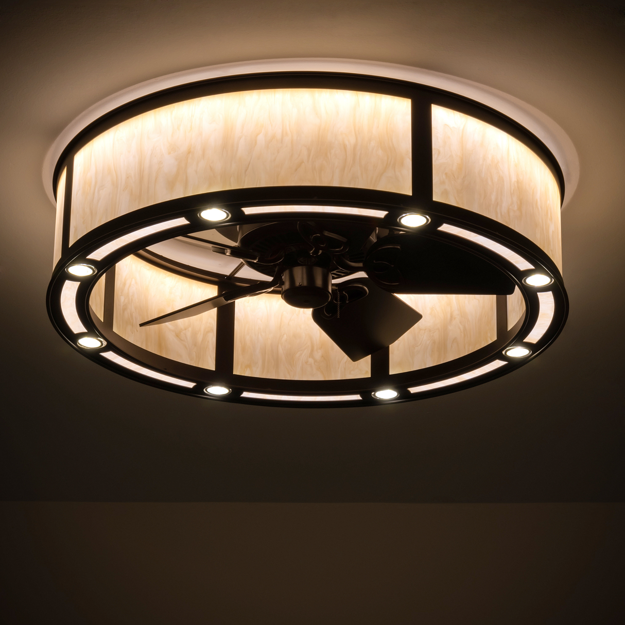 Smythe Craftsman Chandel-Air softly glowing in a warmly lit room.