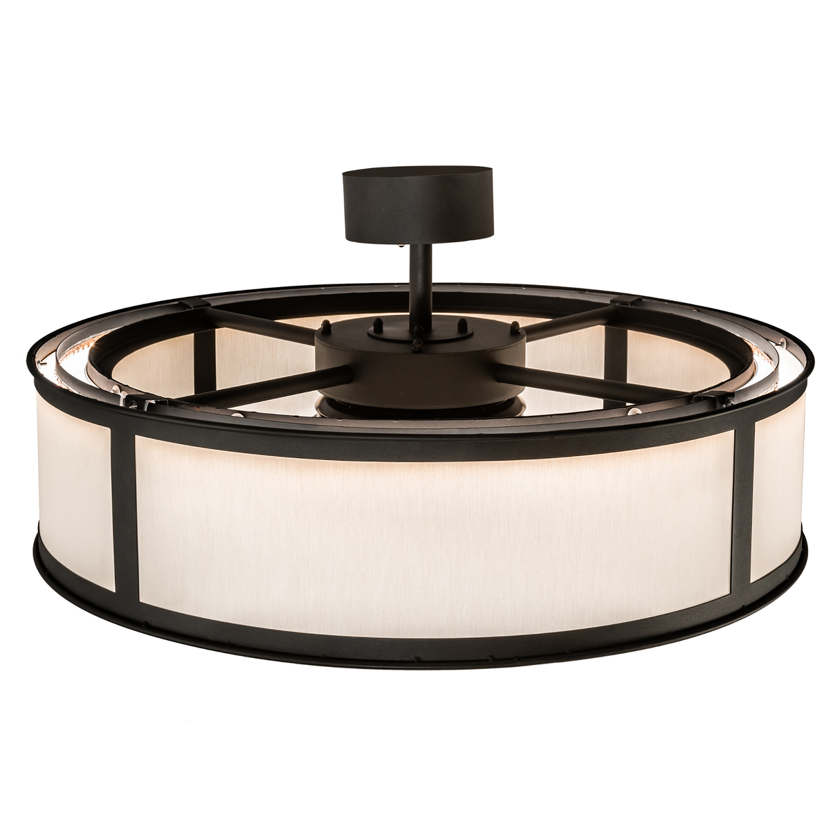 Top angled lit view showing circular frame and LED arrangement.