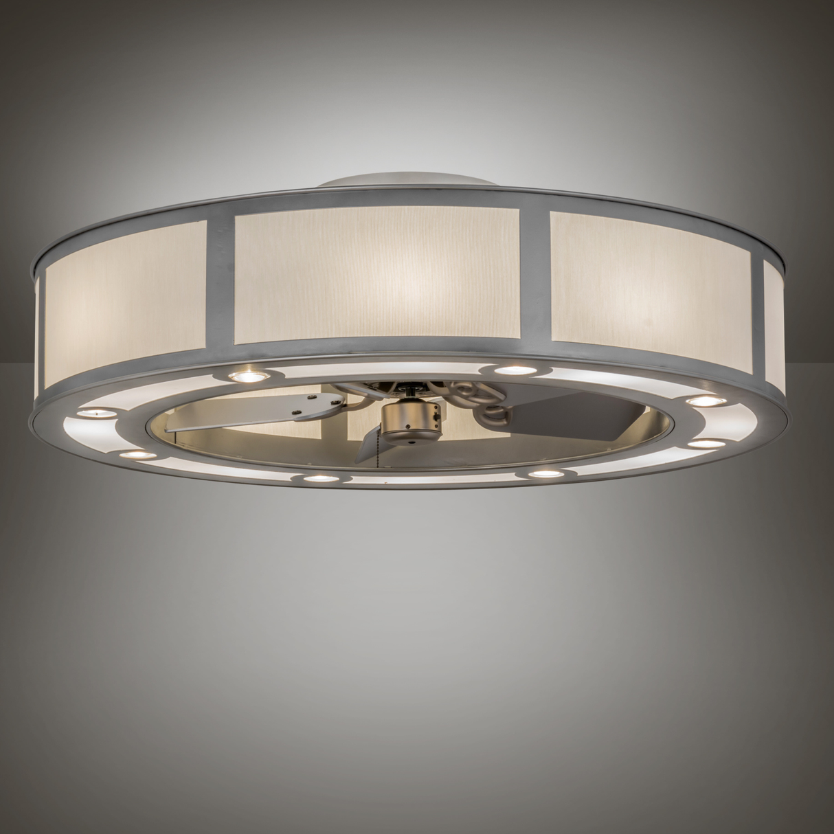 Room angle lit view showing Smythe Craftsman Chandel-Air illuminating softly.
