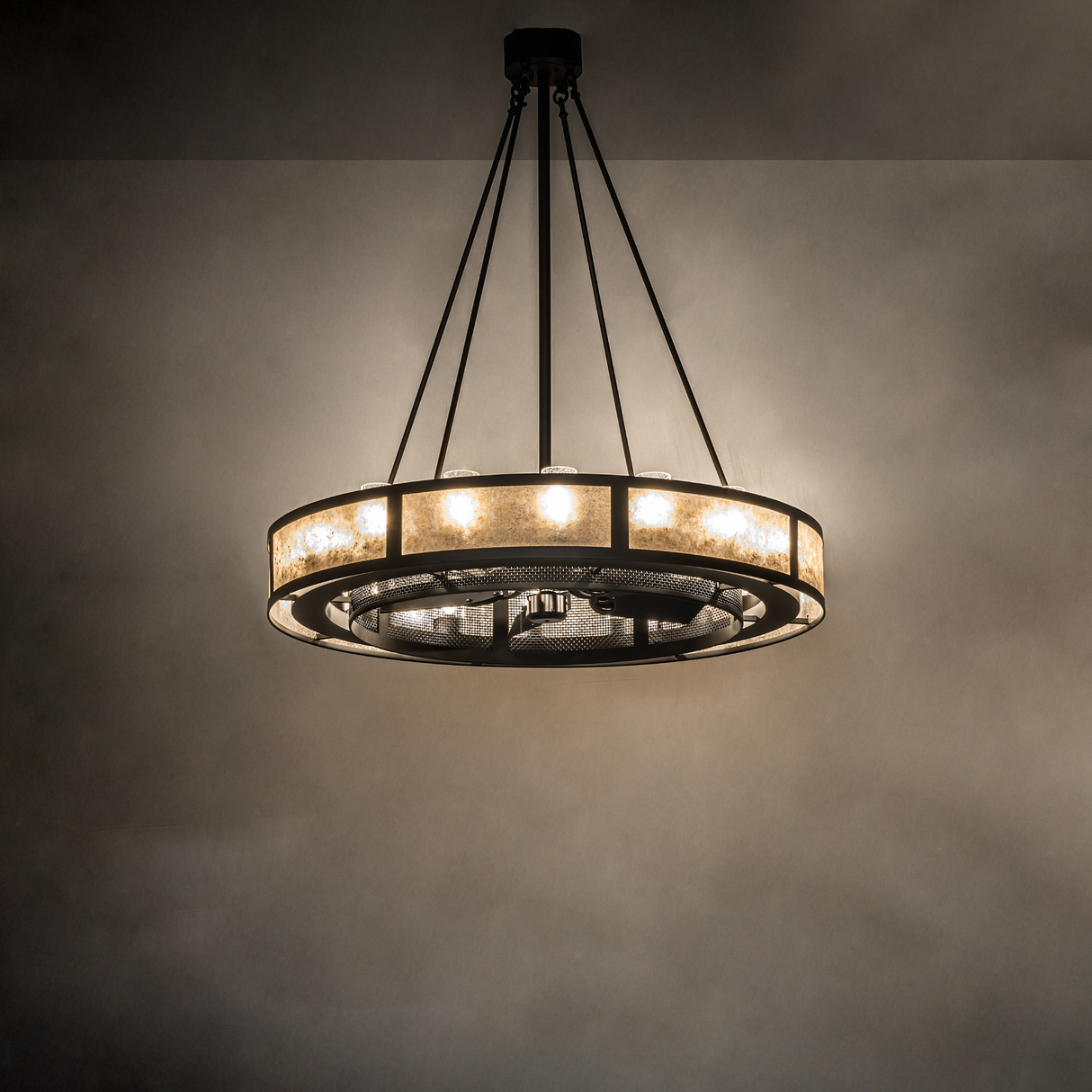 Room-lit view showing illuminated Silver Mica diffuser and bronze frame.
