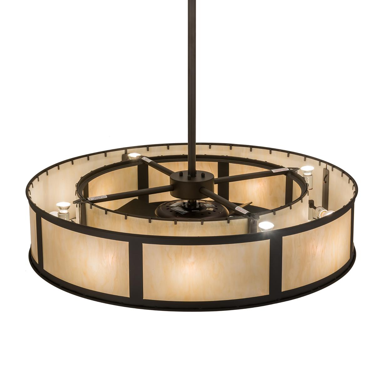 Bottom angled lit view with fan blades and downward illumination.