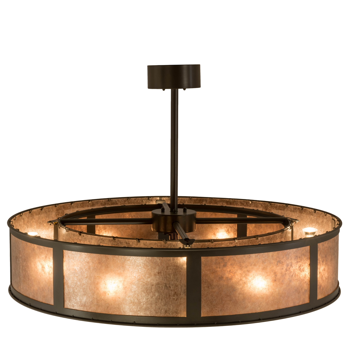 Top angled lit view highlighting upper ring lighting and bronze frame.