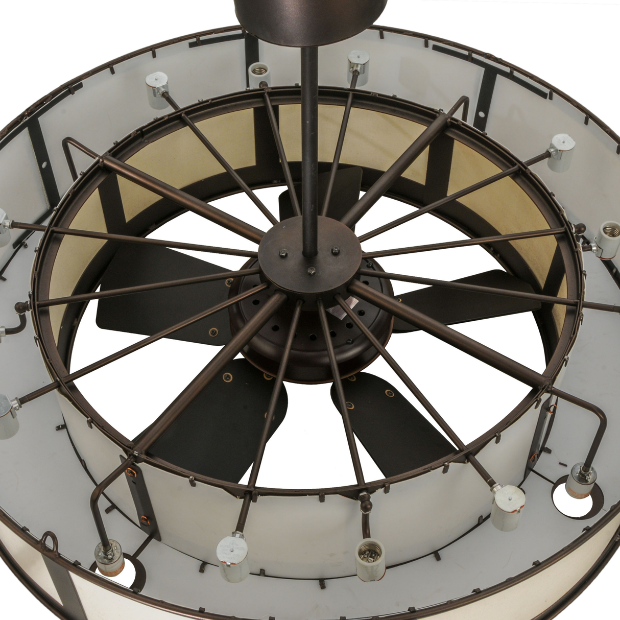 Top angle unlit view showing metal frame, fan, and bulb sockets.