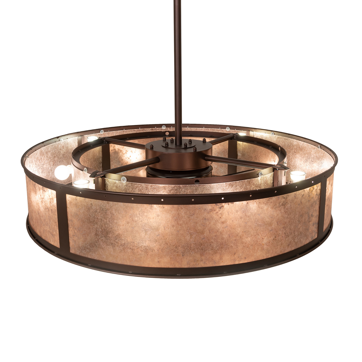 Top view of Smythe Craftsman chandelier fan showing frame and bulb layout.