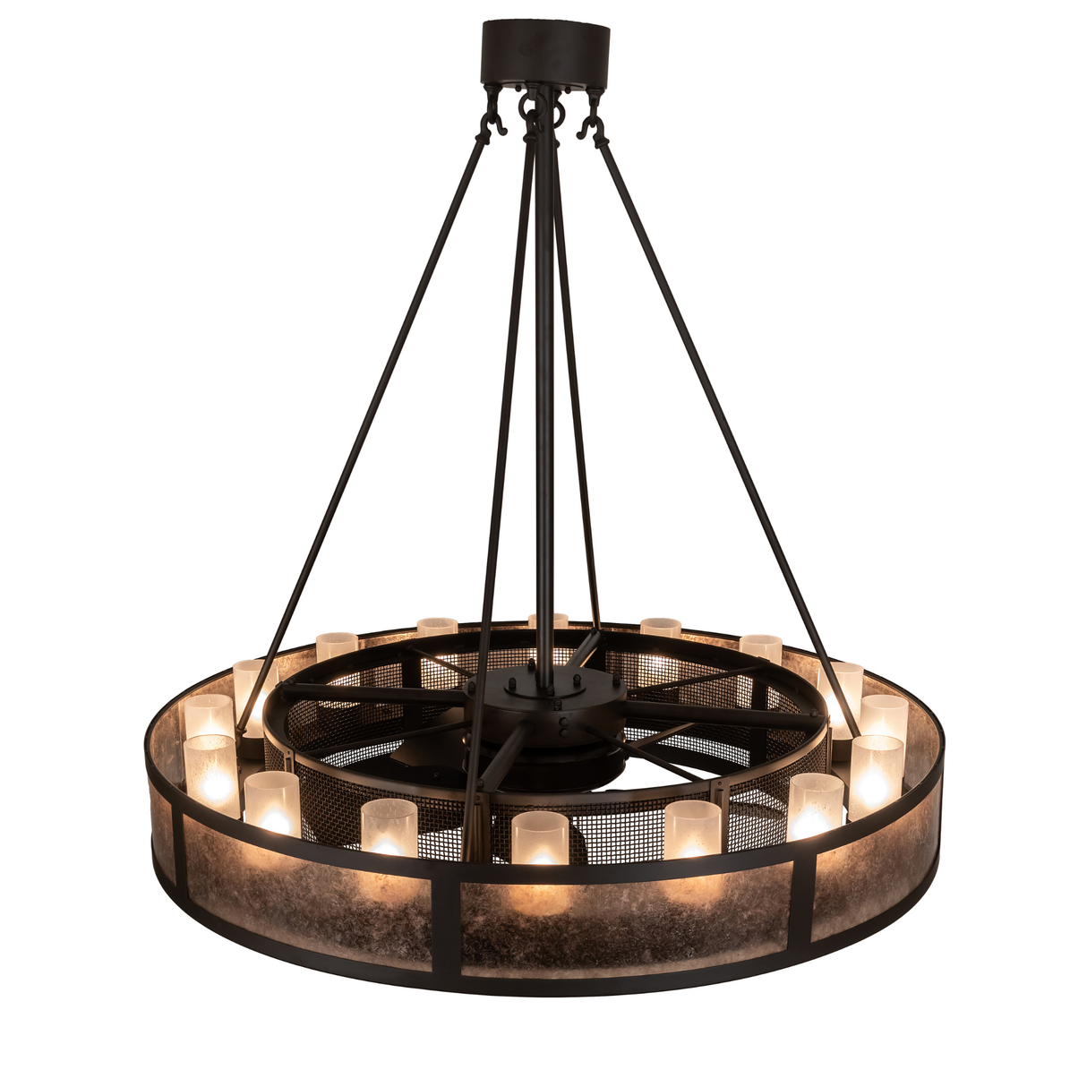 Overhead lit view showcasing soft silver mica glow and circular design.
