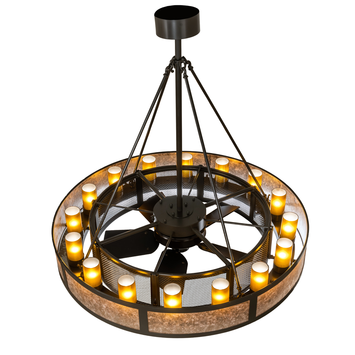 Overhead lit view showing fan blades and glowing candle-style lamps.