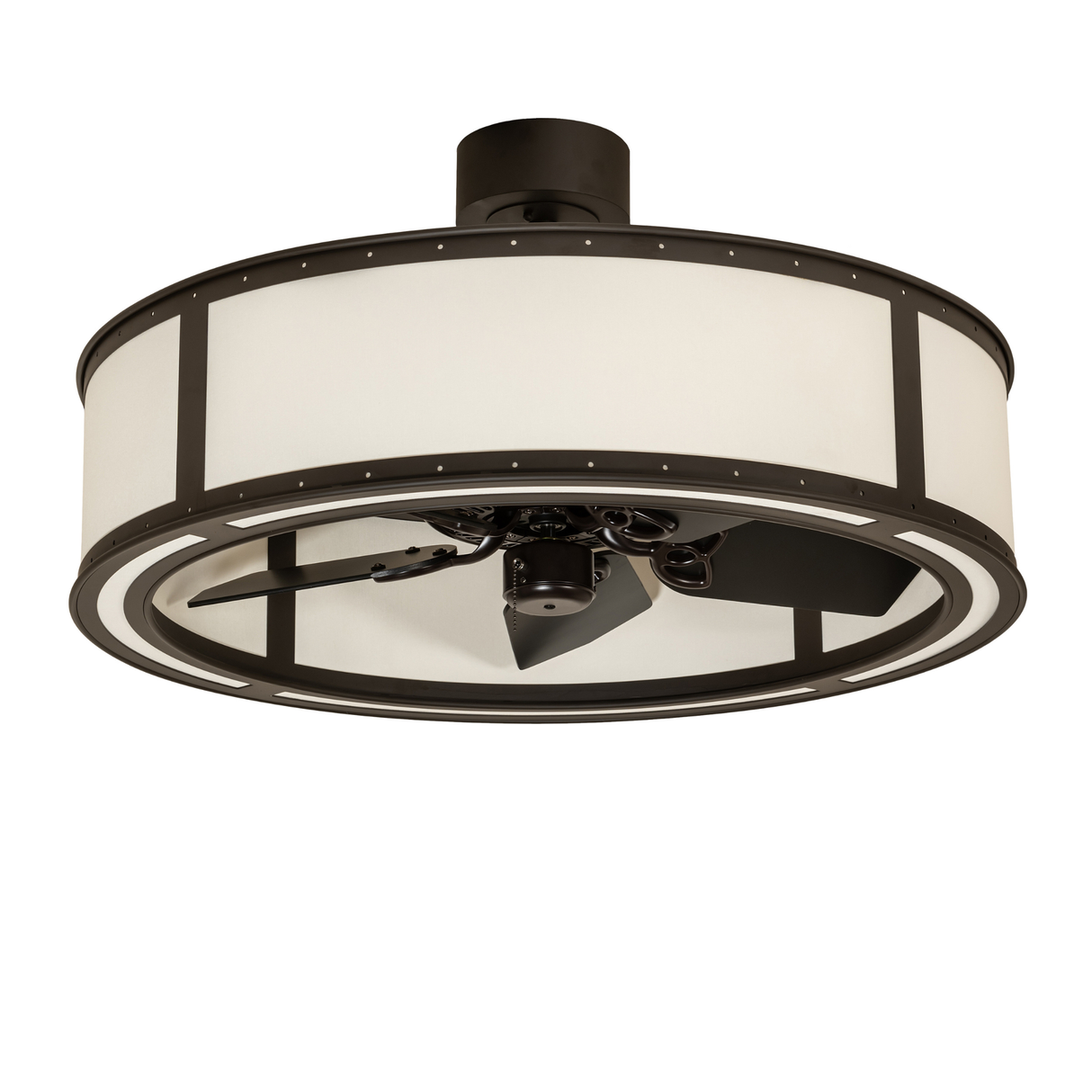 Smythe Craftsman chandelier fan with bronze finish and fabric diffuser unlit.