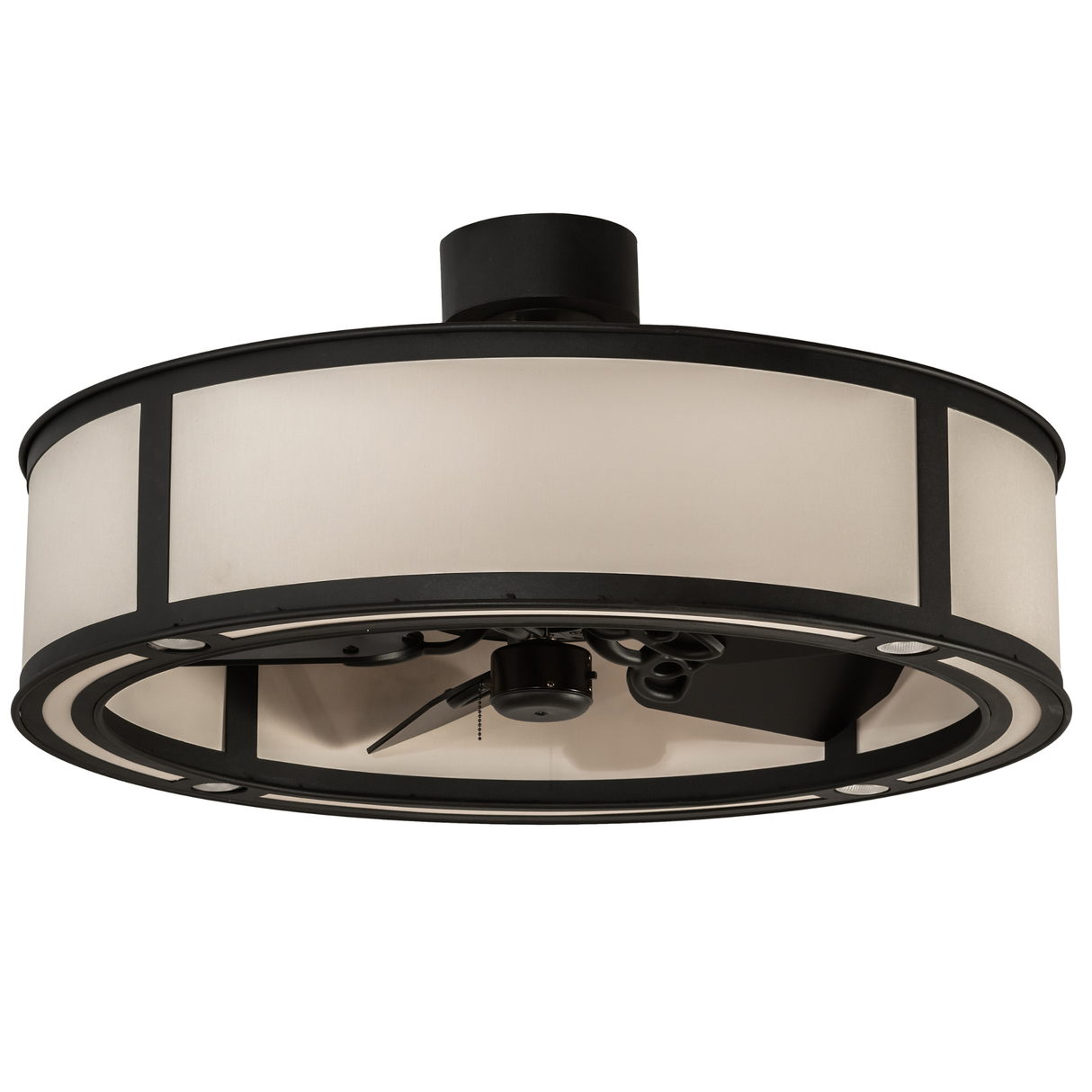 Unlit front view showing Eggshell Textrene shade and iron frame.