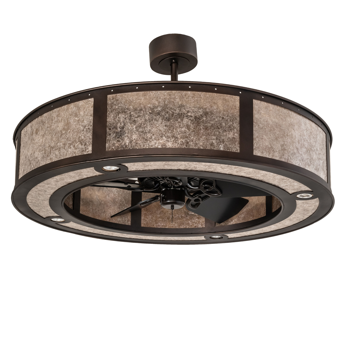 Unlit Smythe Craftsman Chandel-Air showing mica panels and bronze frame.