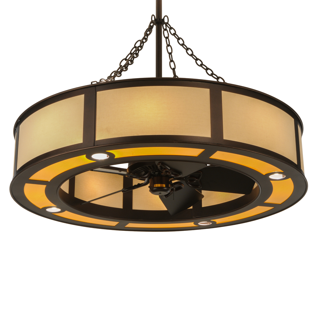 Bottom angle lit view showing fan blades and glowing light ring.