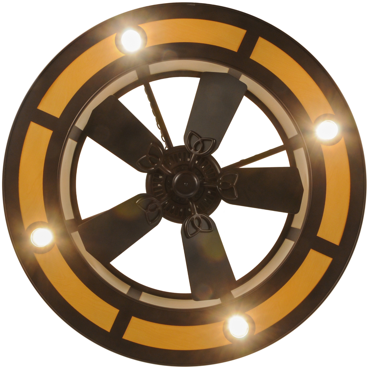 Bottom view showing fan motor and circular light placement.