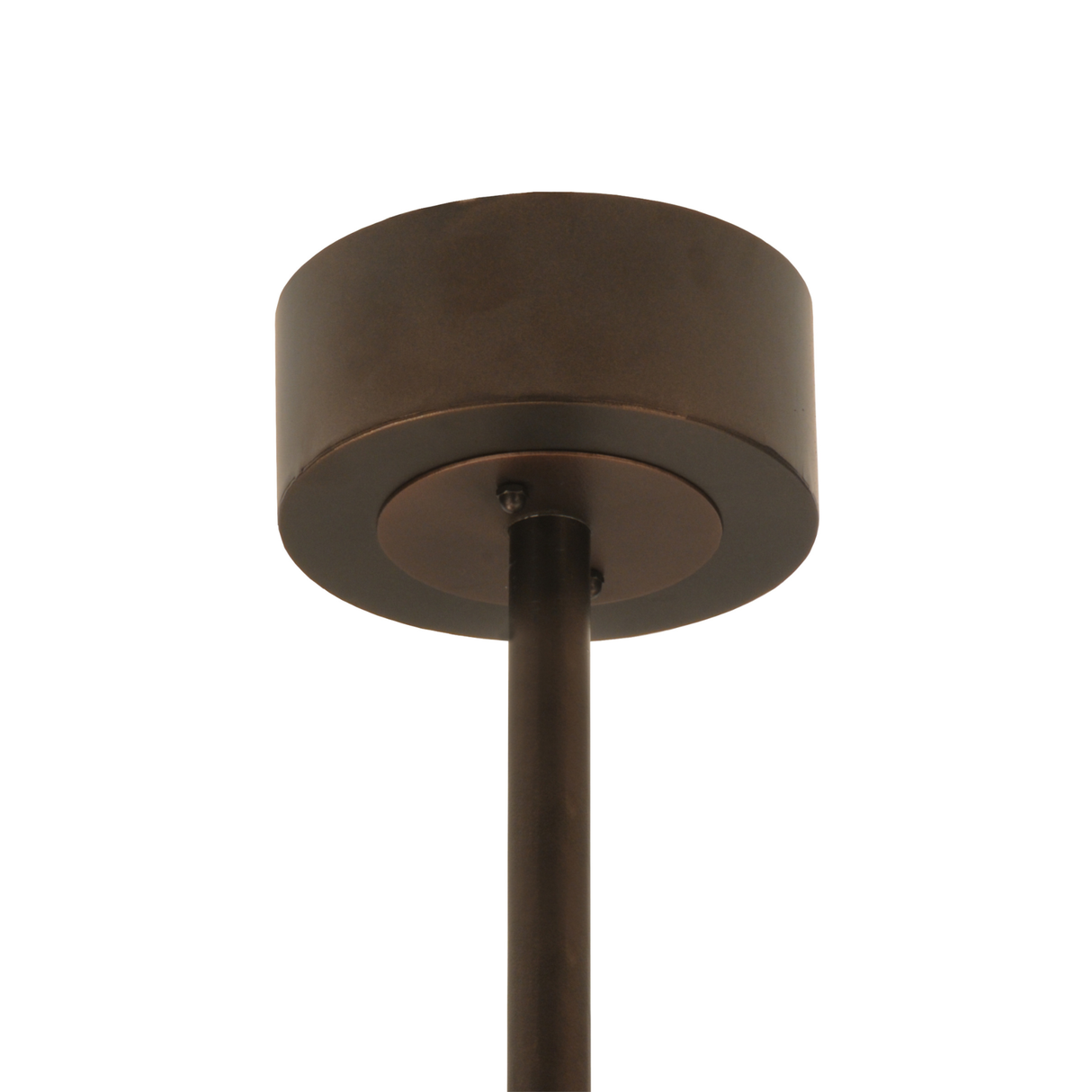 Closeup showing ceiling canopy and downrod in Mahogany Bronze.