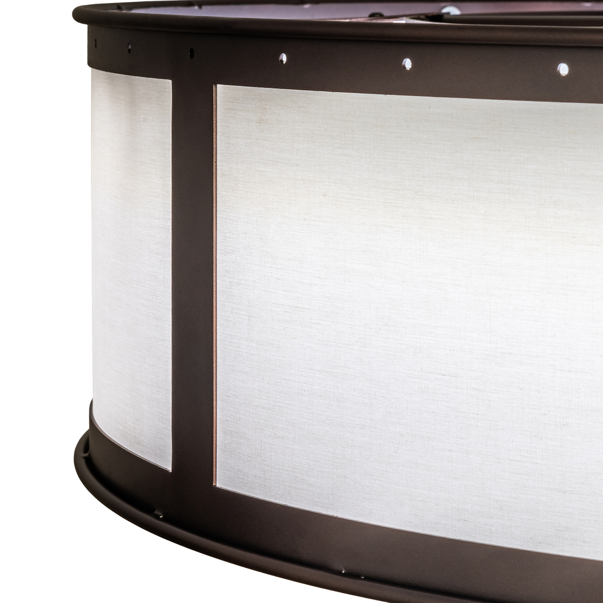 Frame detail showing bronze structure and beige linen panel texture.
